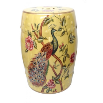 Porcelain Stool, Peacock & Peonies, Yellow, 45cm, Cream-0