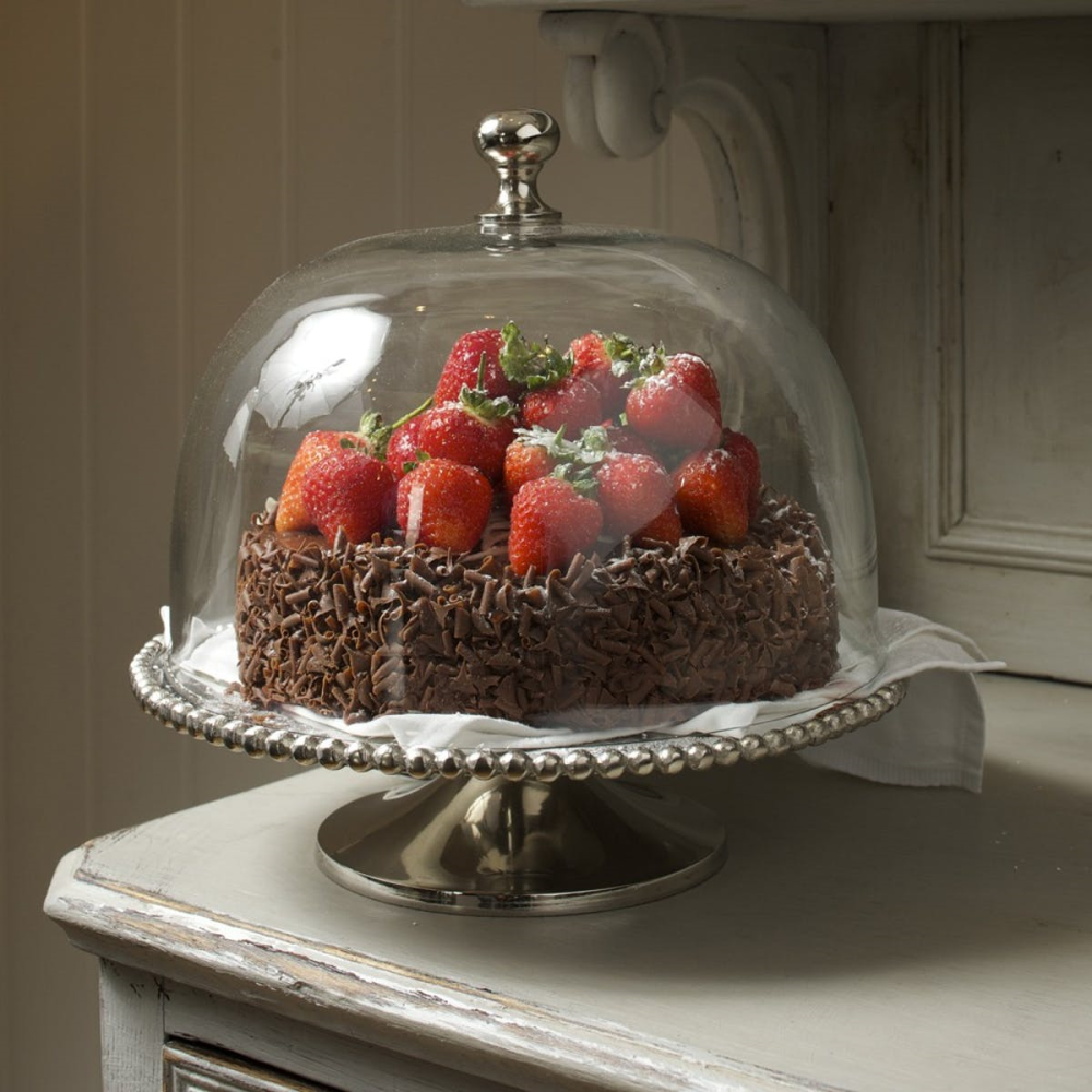 Beaded Edge Cake stand with domed lid - large, 30 x 30cm, Aluminium, Nickel And Glass-1