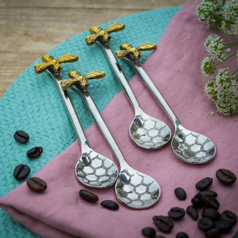 Bee Honeycomb Set of 4 Coffee Spoons, L13cm, Silver-0