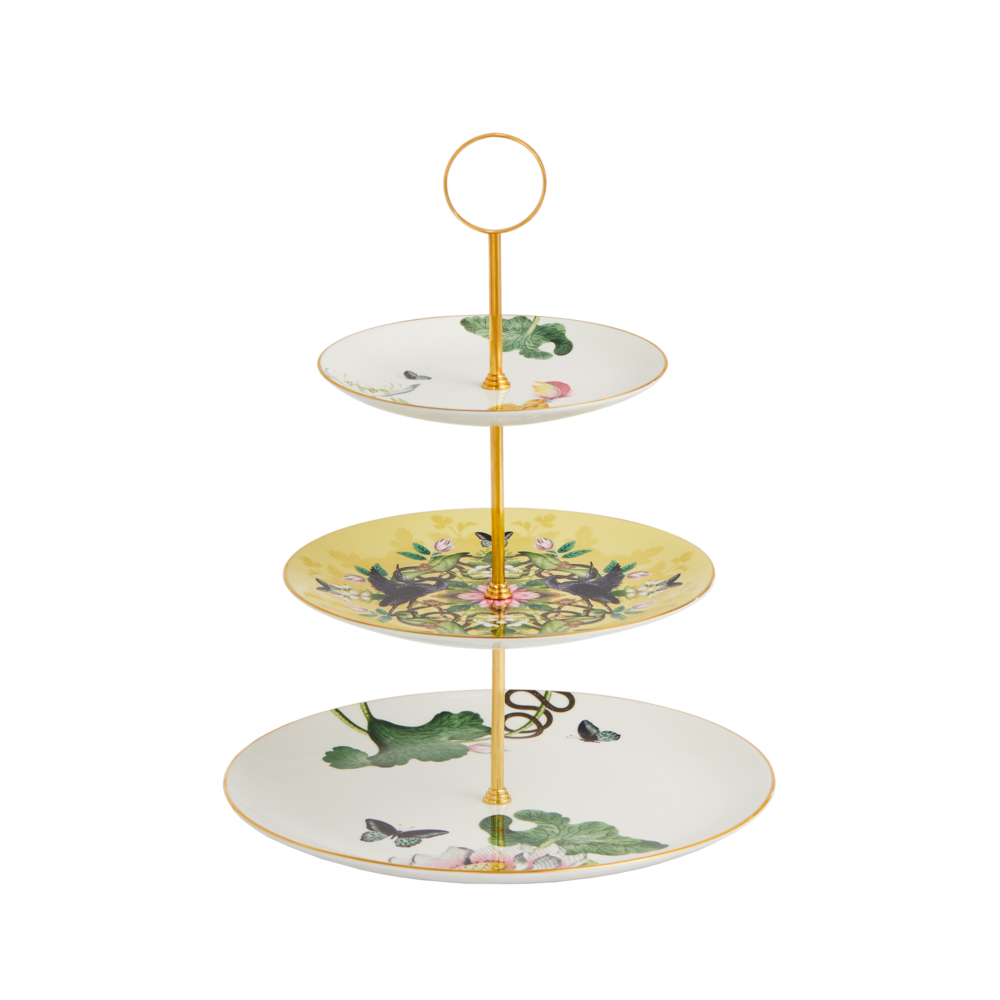 Wonderlust Waterlily 3 Tier Cake Stand, White/Yellow/Floral-0