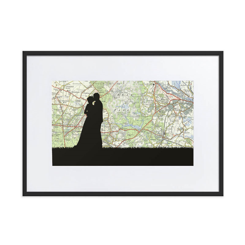 Personalised Map Print with Wedding Silhouette Voucher, 40 x 30cm, Black Frame-1