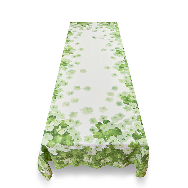 White Hydrangea Linen Tablecloth, 300cm x 165cm, Green-2