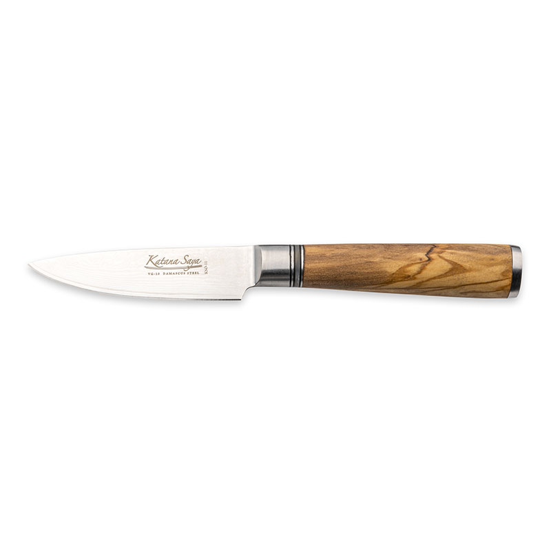 Katana Saya Olive Wood Paring Knife, 9cm Damascus Blade-0