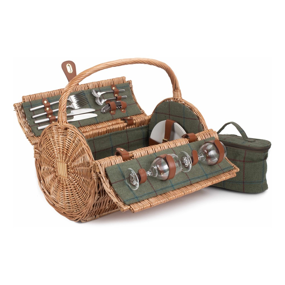 Green Tweed Picnic hamper 2 person, H42 xW30 x L46cm, Green/Brown-3