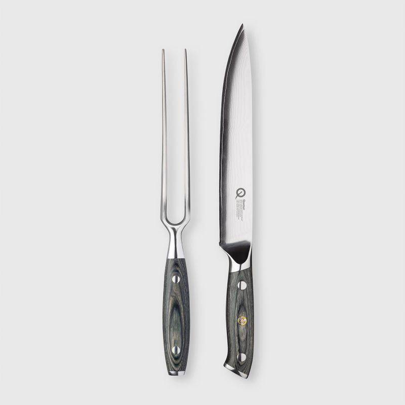 Q30 Series 2 Piece Damascus Steel Carving Knife & Carving Fork Set, Black-0