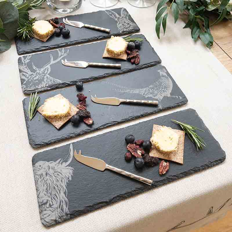 Country Animals Set of 4 Mini Slate Cheese Boards & Knives, Black-0