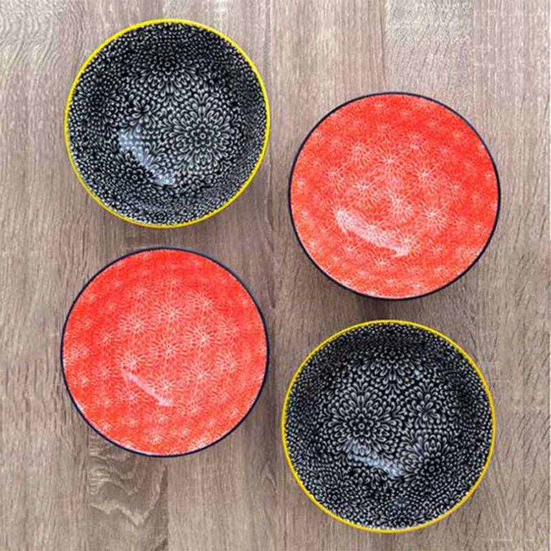 Floral Set of 4 Bowls, D15.5cm, Red/Black-1