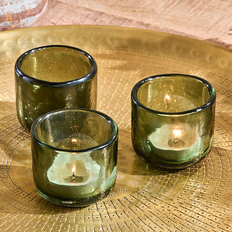 Irda Set of 3 Small Glass Tealights, Dark Emerald-0