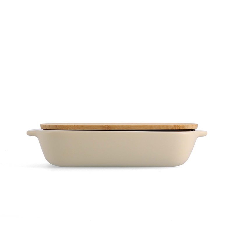 Stoneware Dish with Bamboo Lid, 26cm, Almond Cream-0