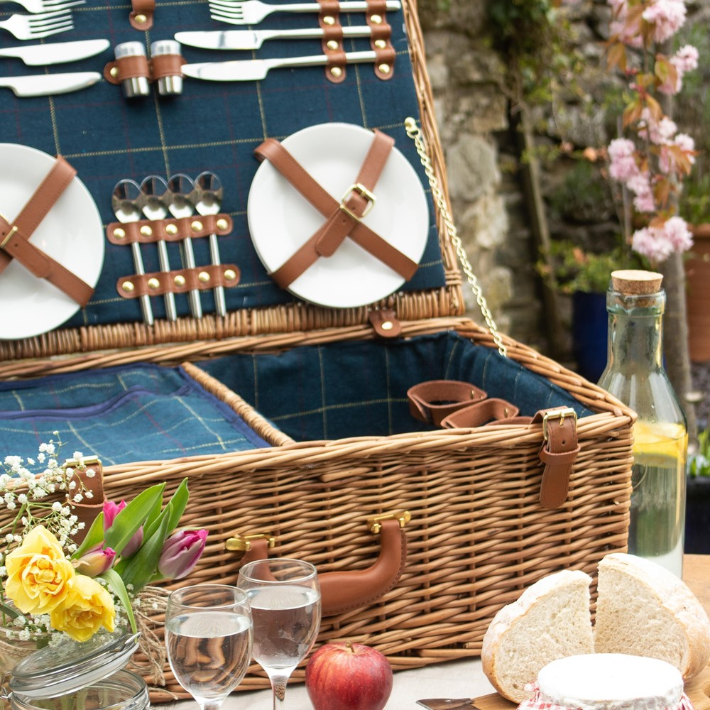 Blue Tweed Picnic hamper - 4 person, 58 x 38 x 22cm, Light Willow-0