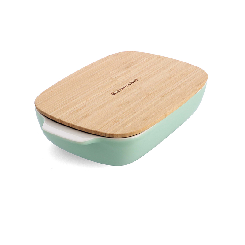 Stoneware Dish with Bamboo Lid, 32cm, Pistachio-6