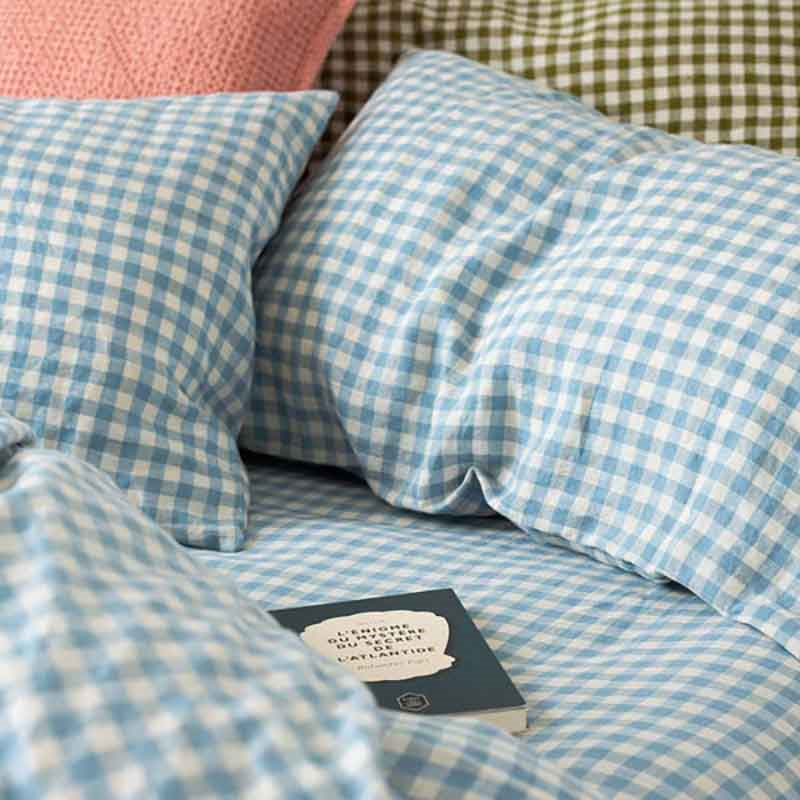 Gingham Double Fitted Sheet, Warm Blue-1