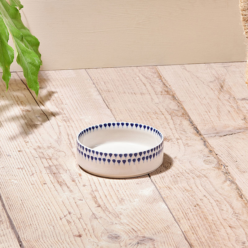 Indigo Drop Ceramic Pet Bowl, D12cm, Cream-0