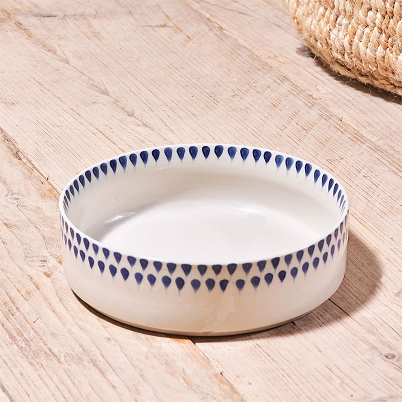 Indigo Drop Ceramic Pet Bowl, D15cm, Cream-2