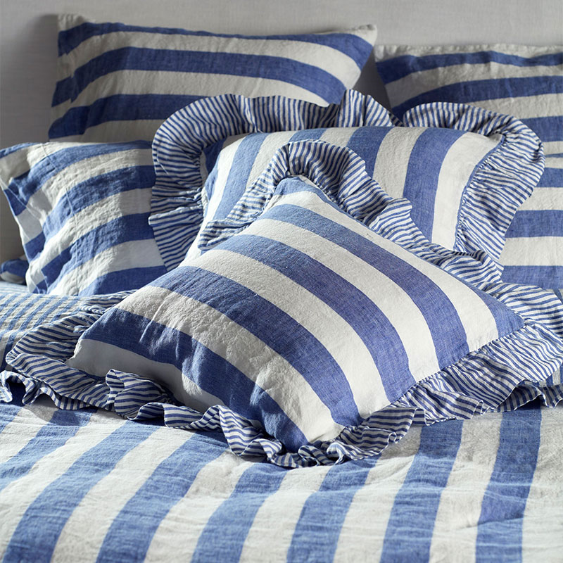 Cora Stripe Linen Wide Stripe Frill Edge Cushion Cover, 50 x 50cm, Cobalt-0