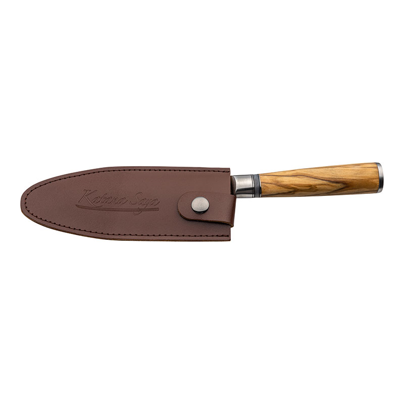 Katana Saya Olive Wood Cook's Knife, 15cm Damascus Blade-1