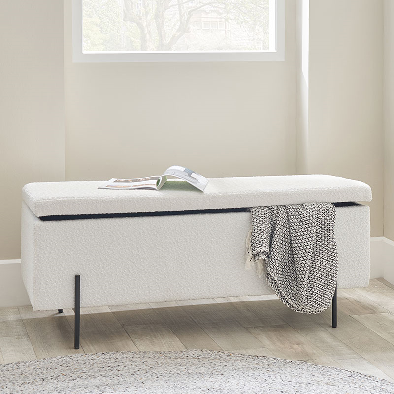 Catania Boucle Storage Bench, White-0