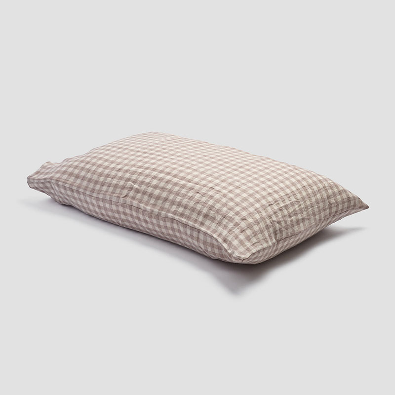 Gingham Linen Pillowcase Pair, Square, Mushroom-1