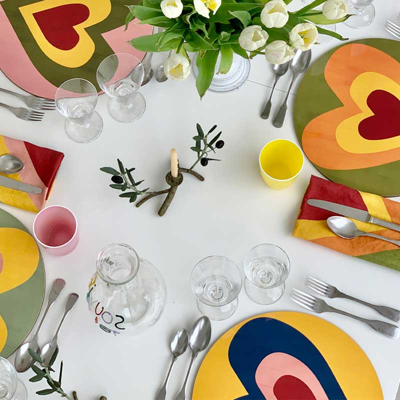 Heart Set of 6 Round Assorted Placemats, D34cm, Multi-5