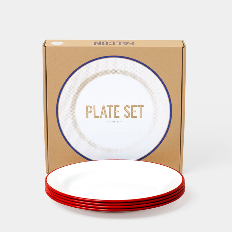 Enamelware Plate Set of 4, D24cm, Pillarbox Red Rim-0