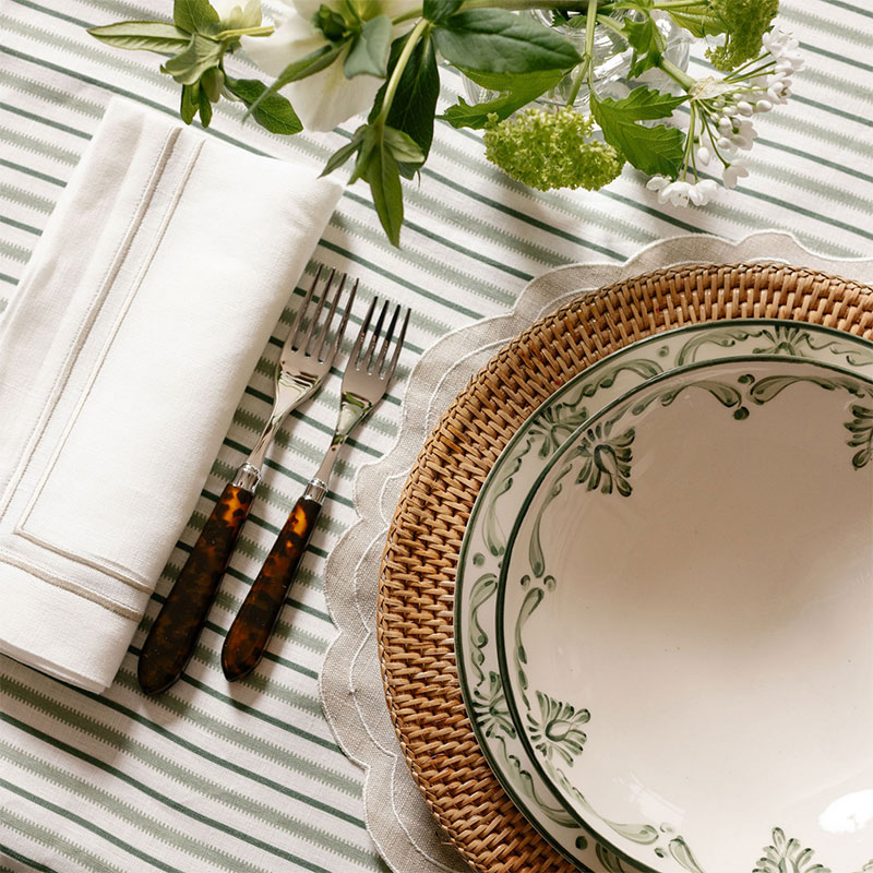 Victoria Striped Linen Tablecloth, 160 x 260cm, Chalk & Moss Green-2