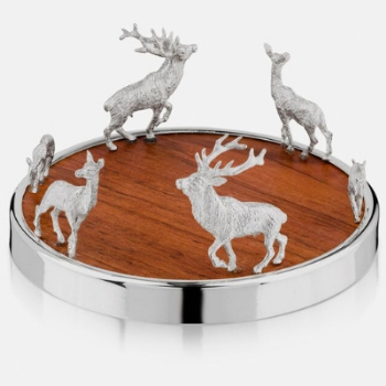 Bottle Coaster, Red Deer Family, Teak & Silver Plate-0