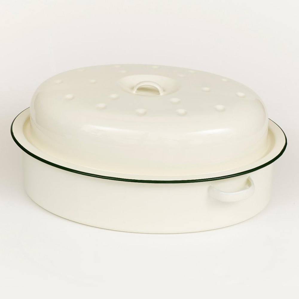 Roaster, Oval, Cream/Green Trim, 38cm-0