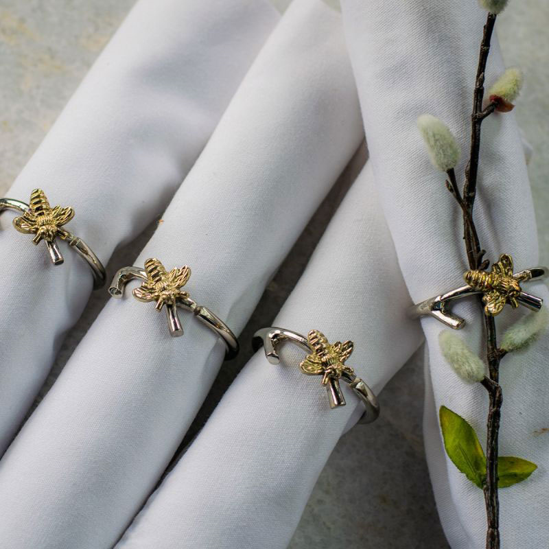 Bee Set of 4 Napkin Rings, D5cm, Silver-0