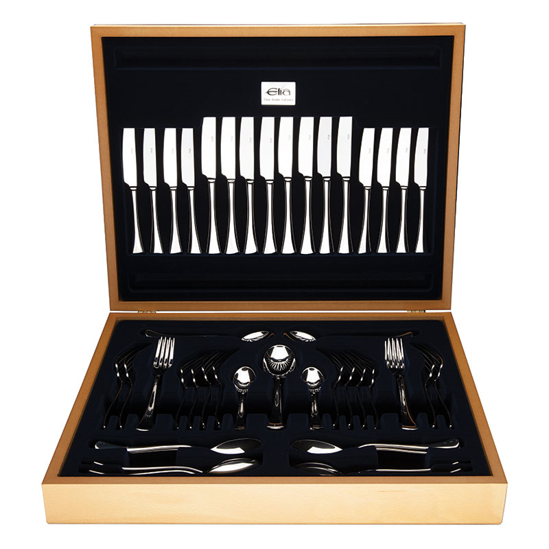 Glacier 60 Piece Cutlery Set With Beechwood Canteen, Mirror Finish-0