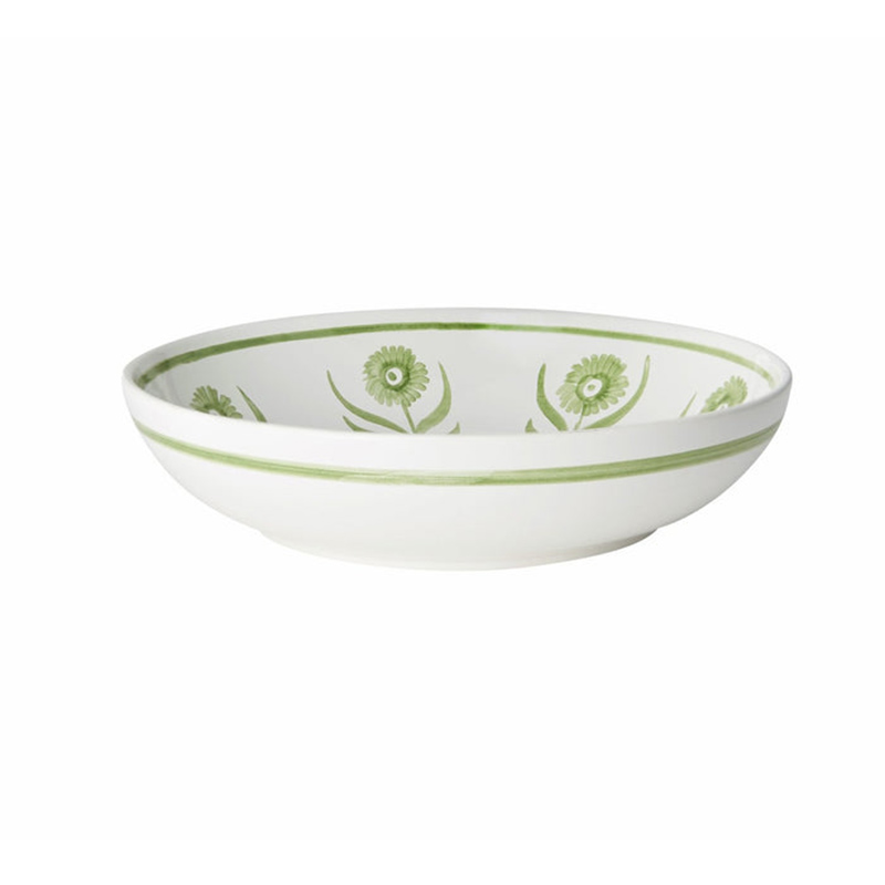 Green Summer Flower Shallow Bowl, Hand Painted in Portugal, 24cm-1