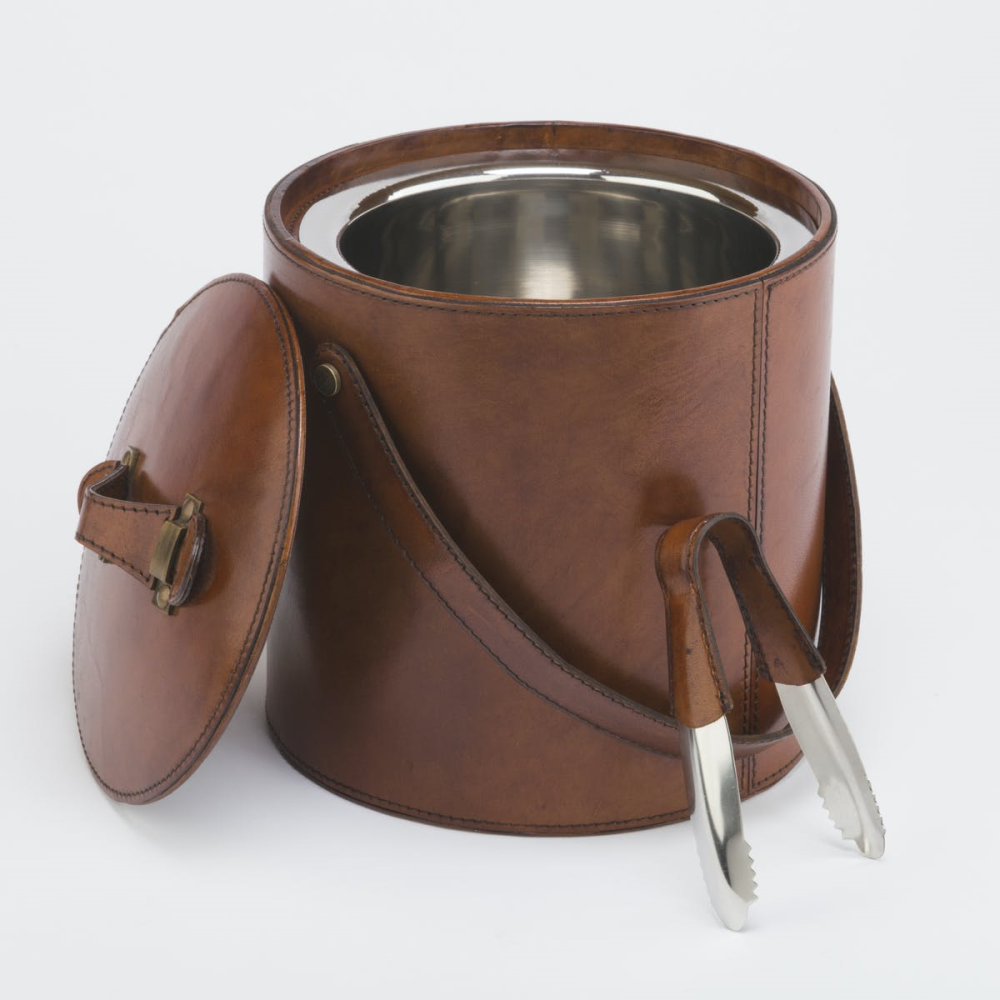 Ice bucket and tongs, Tan Leather-1