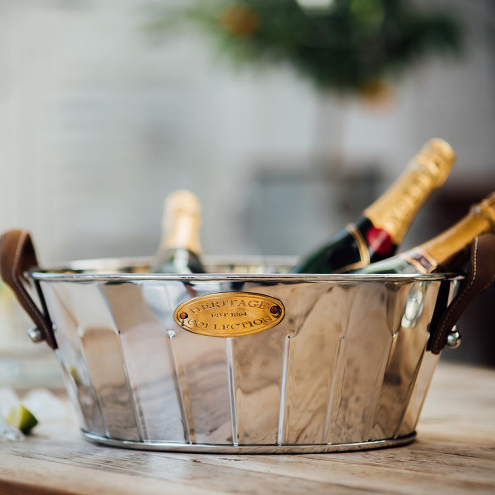 Heritage Champagne bath with leather handle, 19 x 49 x 30cm, Stainless Steel, Brass And Leather-1