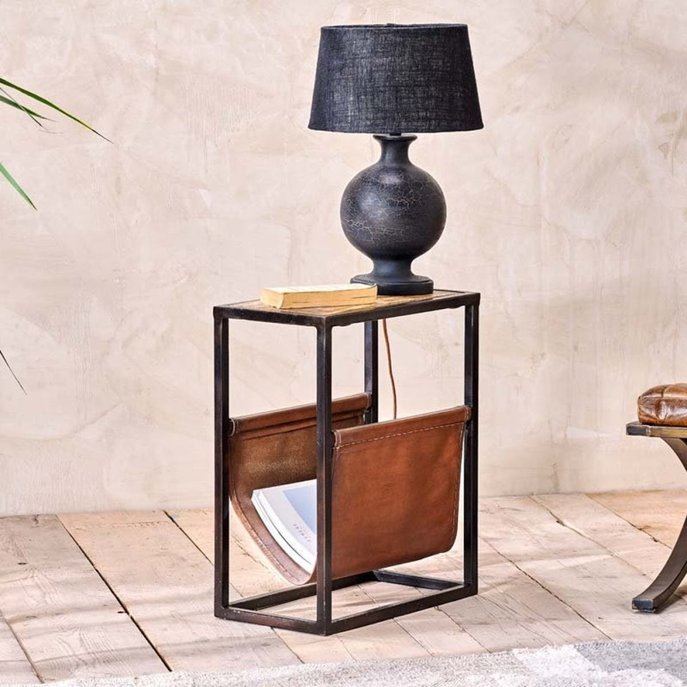 Alera Side table, H25 x W46 x L56cm, Natural & Brown Leather-0