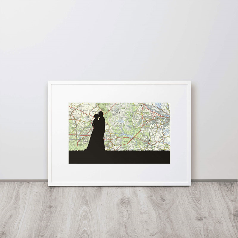 Personalised Map Print with Wedding Silhouette Voucher, 40 x 30cm, White Frame-0