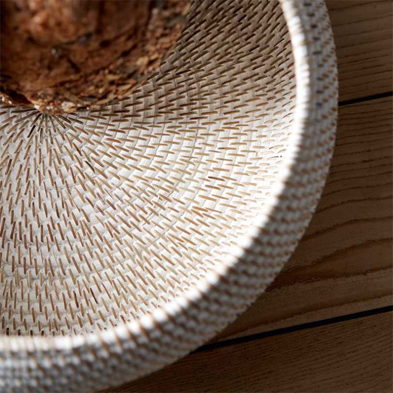 Whitewashed Rattan Round Bowl, H15 x W34cm, White-3