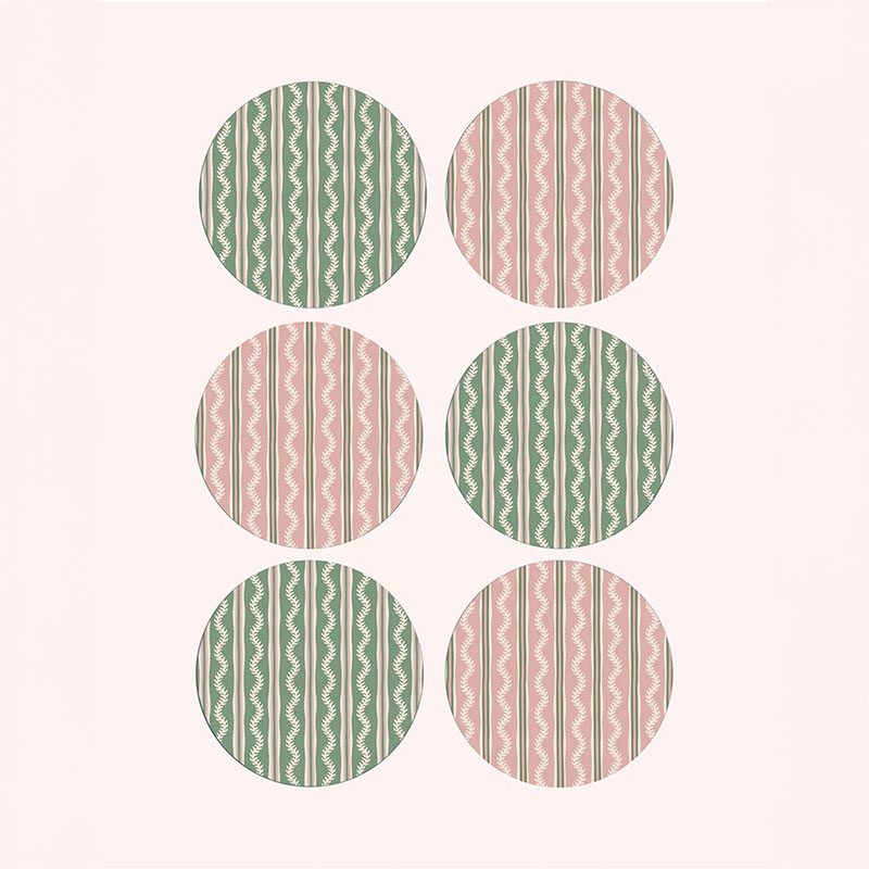 Vines Set of 6 Placemats, D29cm, Green & Pink-0