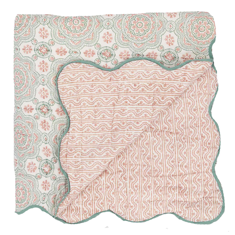 Calabria Scallop Double Quilt, 225 x 225cm, Pink/Aqua-0