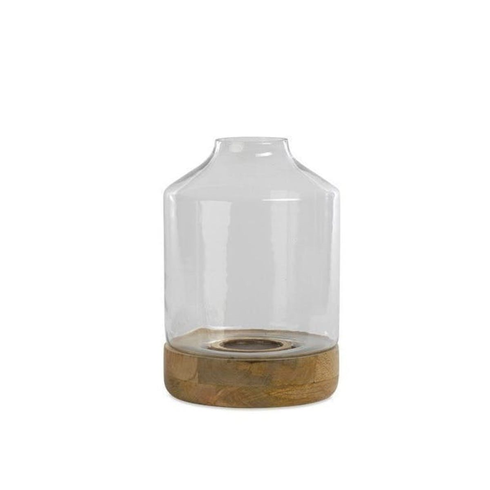 Idha Tapered hurricane lantern, 32.5 x 21.5cm, Mango Wood And Glass-1