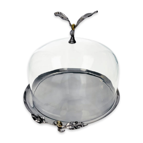 Olive Cakestand with Glass Dome, D27 x H24 cm, Silver-1