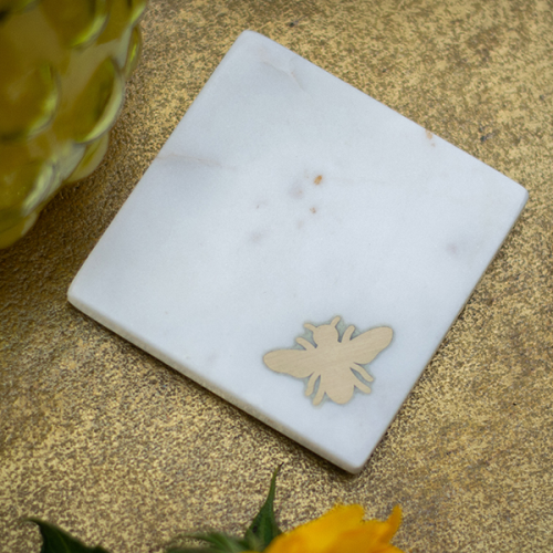 Bee Set of 4 Coasters, L10cm x W10cm, White-0