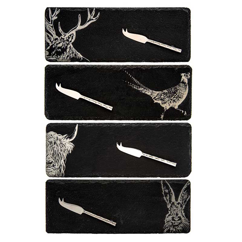 Country Animals Set of 4 Mini Slate Cheese Boards & Knives, Black-1