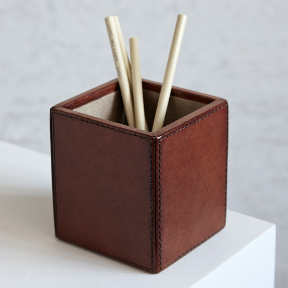 Pen Pot, Square, Tan Leather, 10cm-2