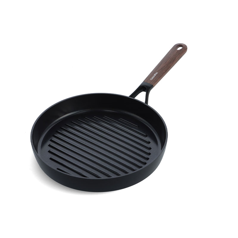 Eco-Smartshape Round Non Stick Grill Pan with Dark Wood Patterned Handle, 28cm, Black-0