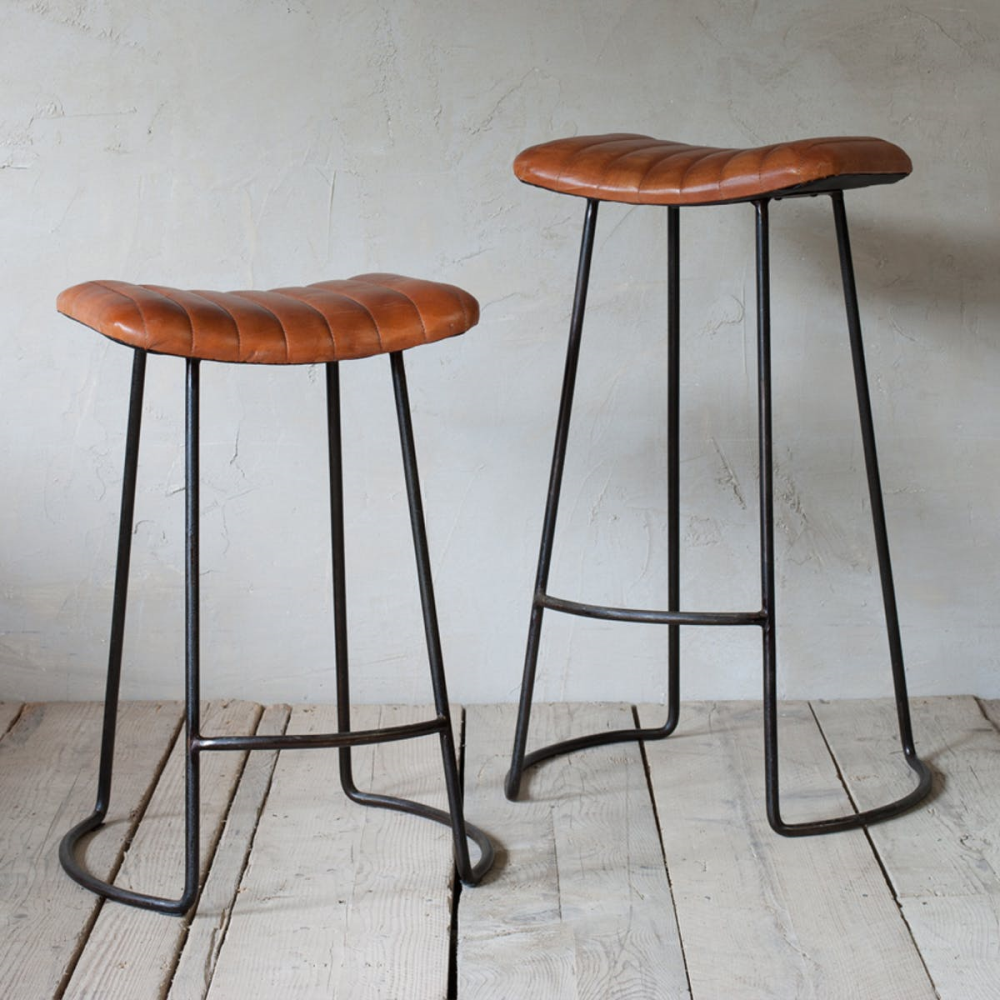 Narwana Ribbed Leather Stool, H75cm, Aged Leather and Iron-0