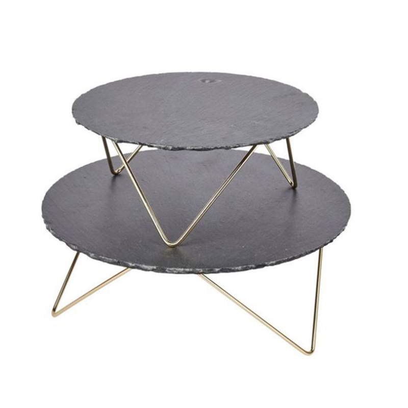 Two Tier  Slate Serving Stand, Grey/Gold-4