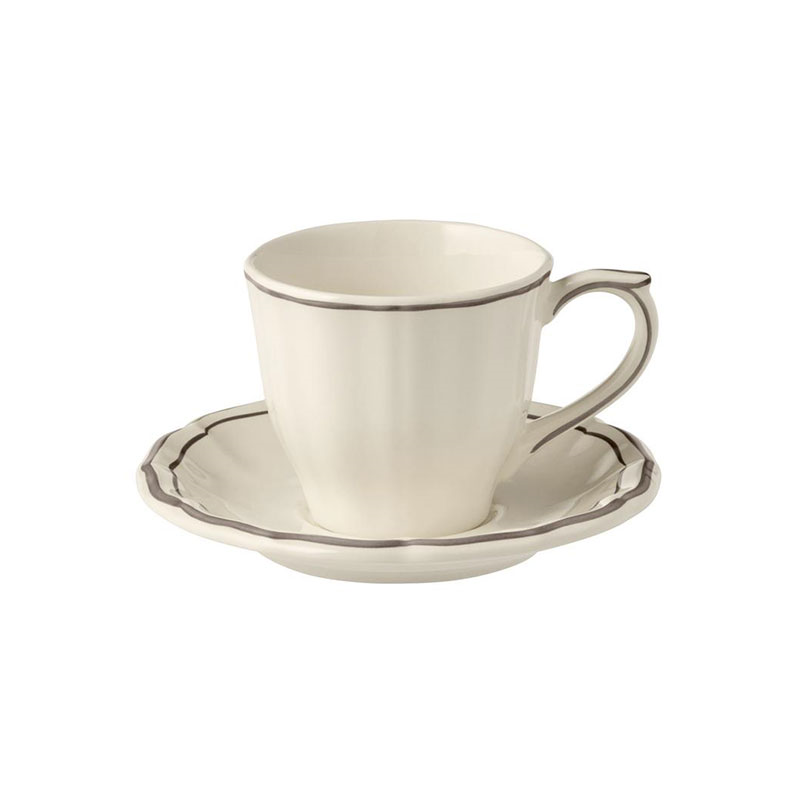 Gien- Filet Taupe, Teacup & Saucer, Set of 2-0