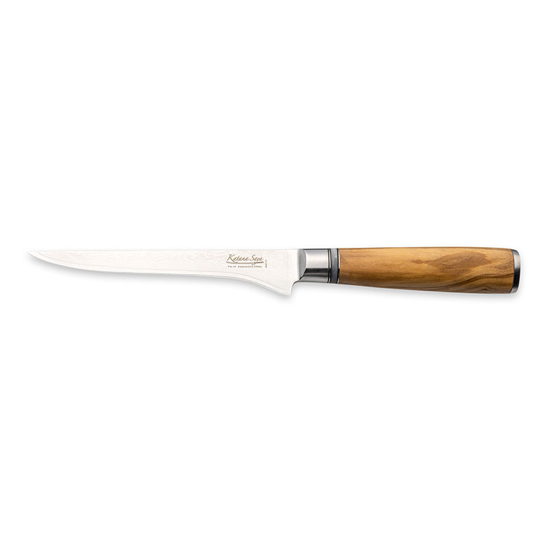 Katana Saya Olive Wood Boning Knife, 15cm Damascus Blade-0