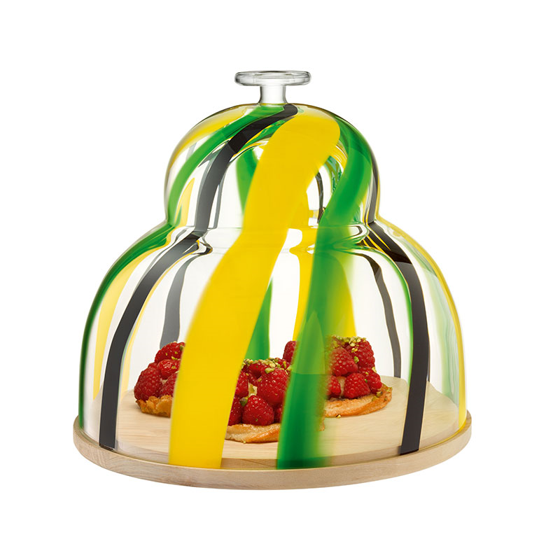 Folk Cake Dome With Ash Base, D30 x H27.5cm, Black/Green/Yellow-1