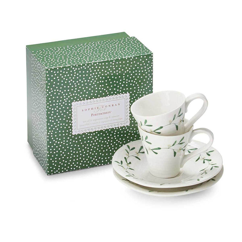 Mistletoe Pair of espresso cup & saucers, 80ml, White/ Green-2