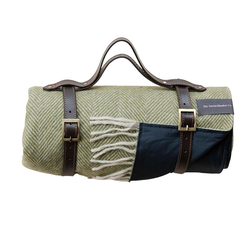 Recycled Wool Picnic Blanket with Brown Leather Carrier, 145 x 190cm, Olive Herringbone-1